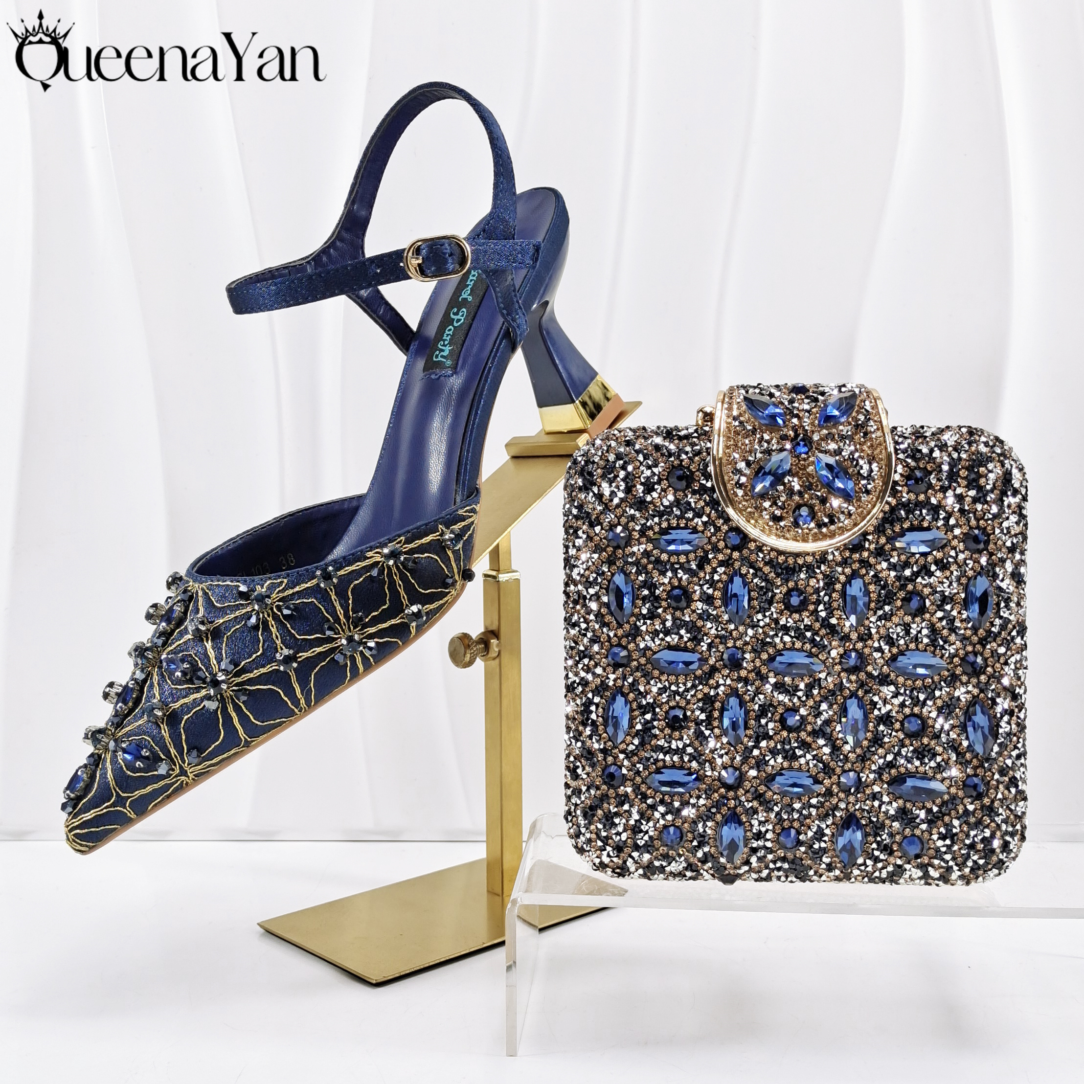 Women Bags For Wedding - QueenaYan Elegant Glossy Navy Mid-Heel Shoe