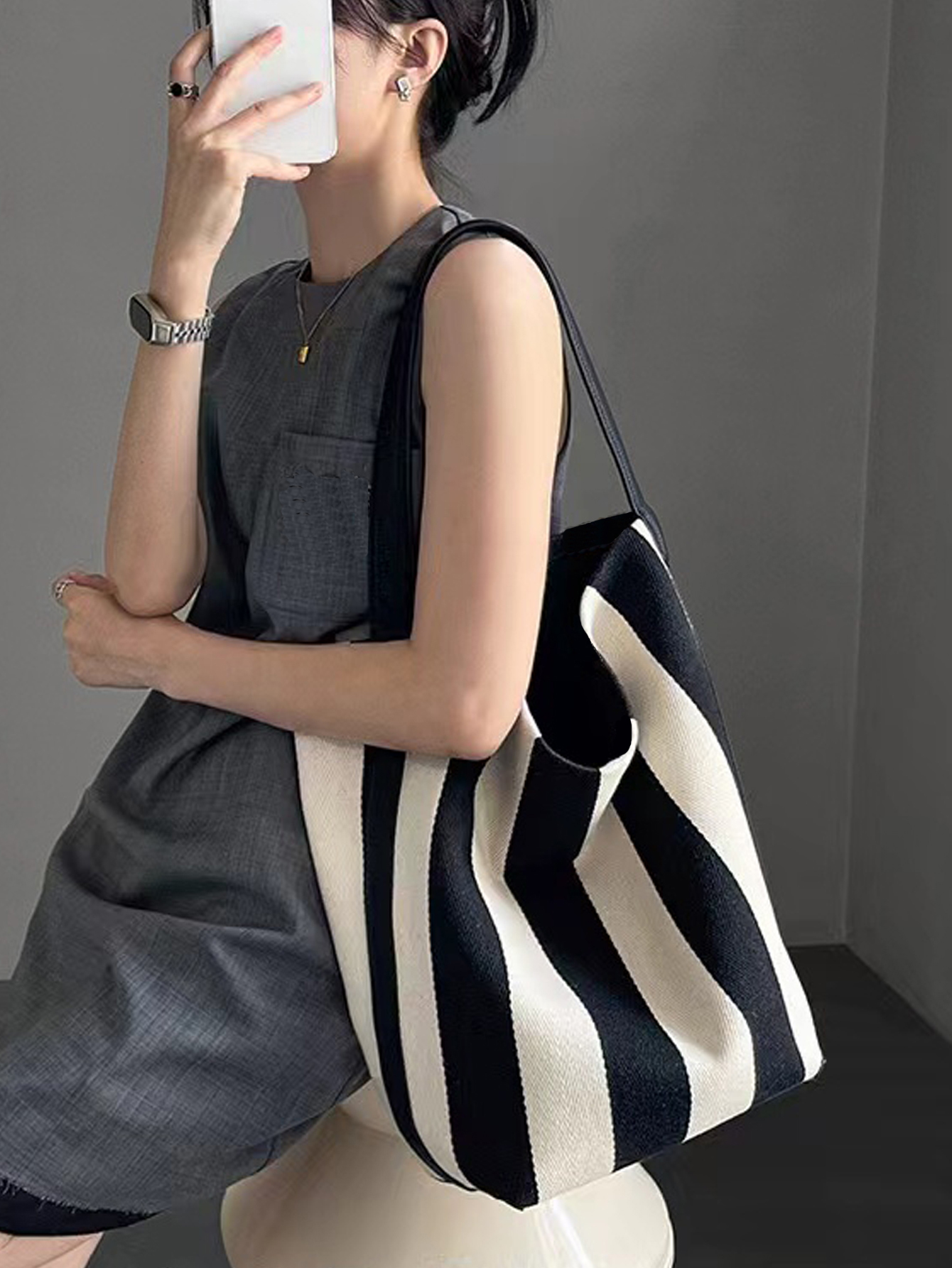 Niche striped canvas bucket ba - Women Bags Zara ulasan dan harga
